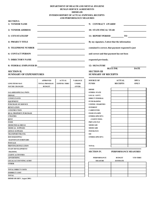 Form DHMH438 Interim Report of Actual Expenses, Receipts and Performance Measures - Maryland