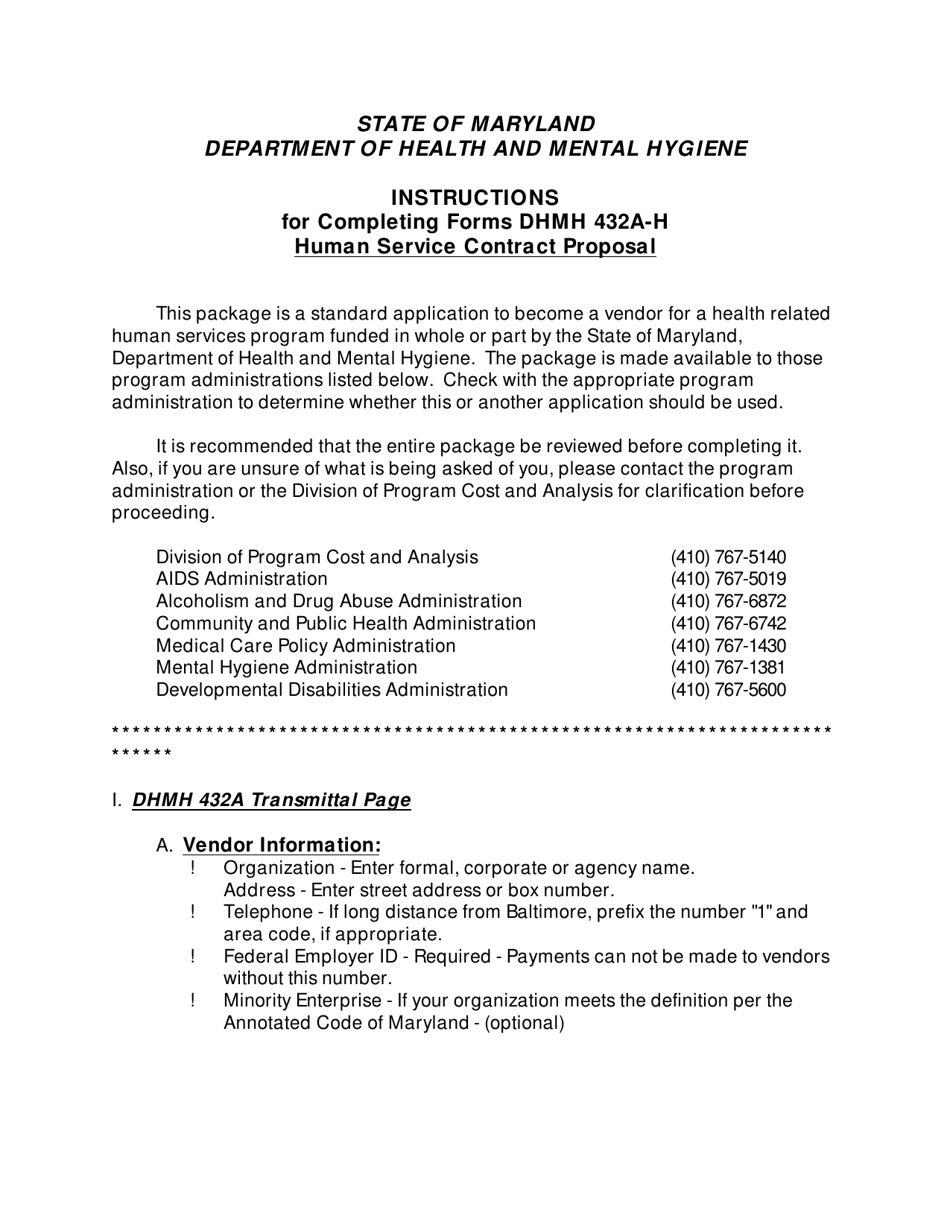 Instructions for Form DHMH432A-H Human Services Contract Proposal - Maryland, Page 1