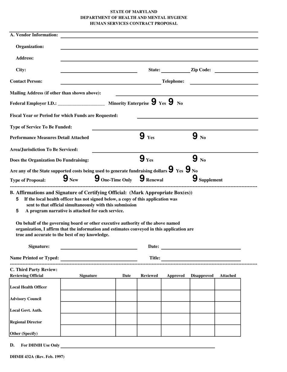 Form DHMH432A Human Services Contract Proposal - Maryland, Page 1