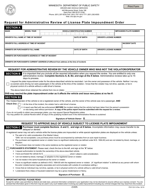 Form PS31125 Request for Administrative Review of License Plate Impoundment Order - Minnesota