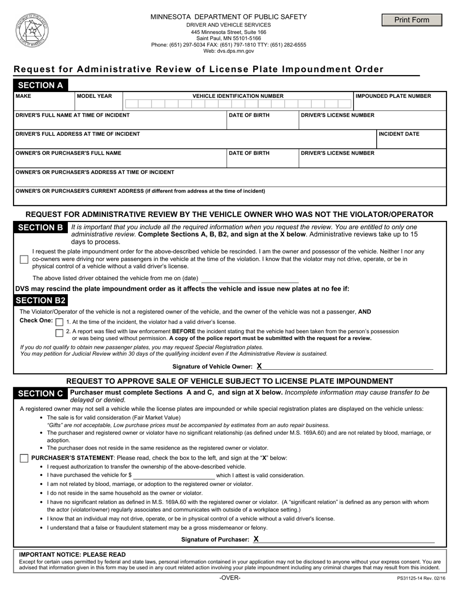 Form PS31125 Request for Administrative Review of License Plate Impoundment Order - Minnesota, Page 1