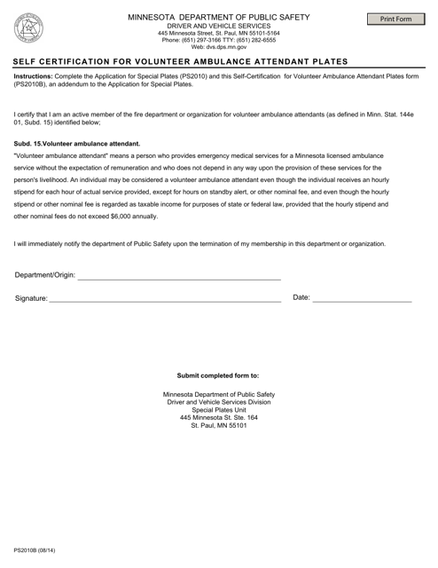 Form PS2010B Self Certification for Volunteer Ambulance Attendant Plates - Minnesota