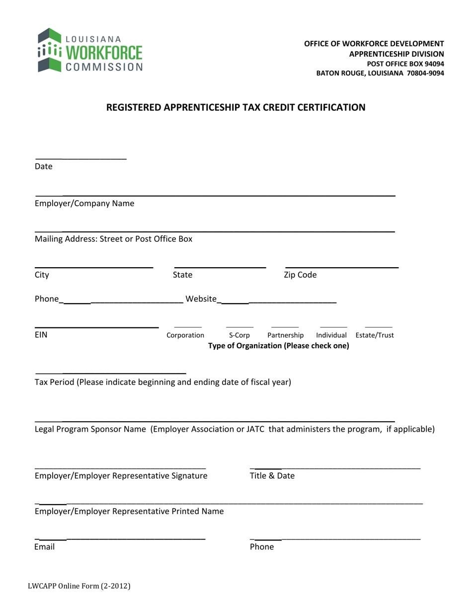 Registered Apprenticeship Tax Credit Certification - Louisiana, Page 1