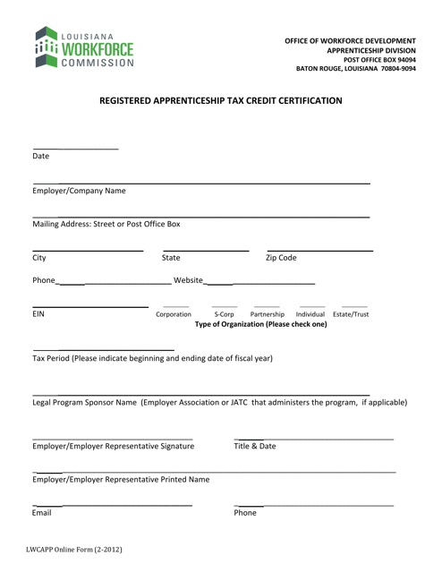 Registered Apprenticeship Tax Credit Certification - Louisiana Download Pdf