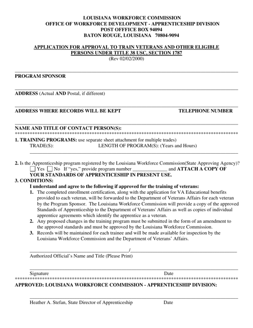 Application for Approval to Train Veterans and Other Eligible Persons Under Title 38 Usc, Section 1787 - Louisiana Download Pdf