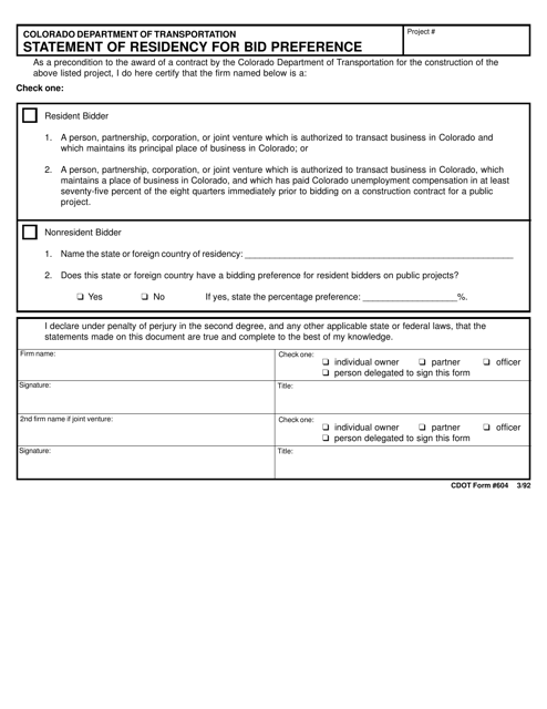 CDOT Form 604 Statement of Residency for Bid Preference - Colorado