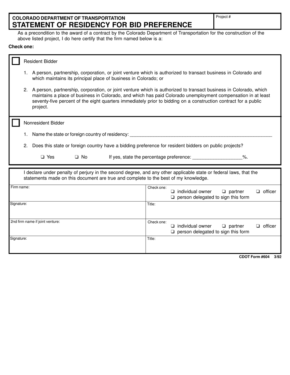 CDOT Form 604 Statement of Residency for Bid Preference - Colorado, Page 1