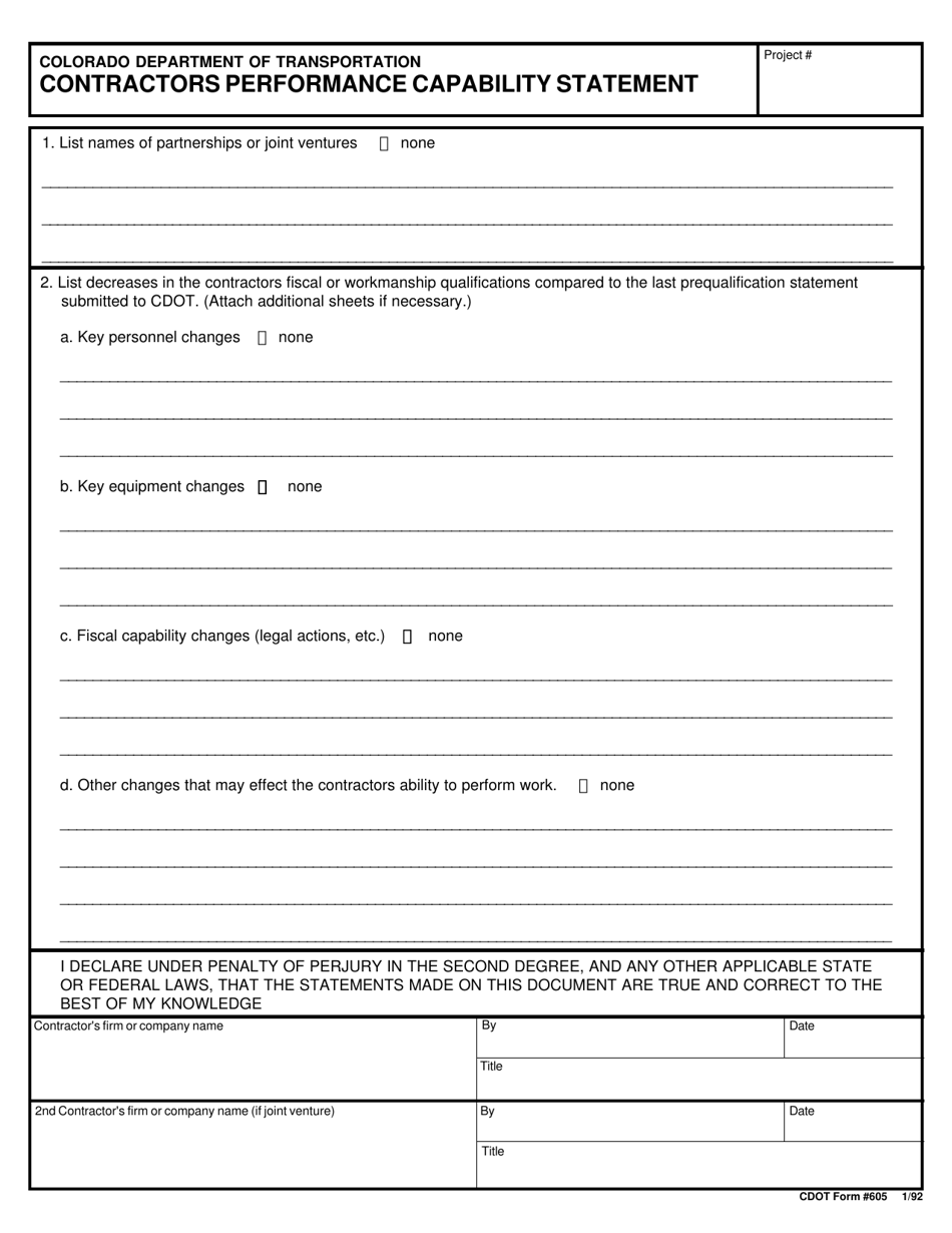 CDOT Form 605 Contractors Performance Capability Statement - Colorado, Page 1