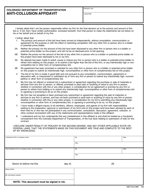 CDOT Form 606 Anti-collusion Affidavit - Colorado