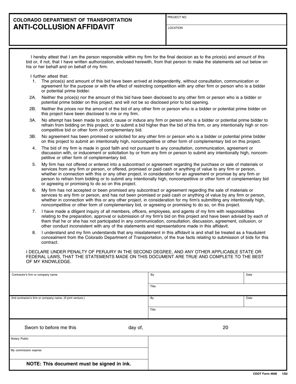 CDOT Form 606 Anti-collusion Affidavit - Colorado, Page 1