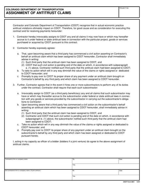 CDOT Form 621 Assignment of Antitrust Claims - Colorado