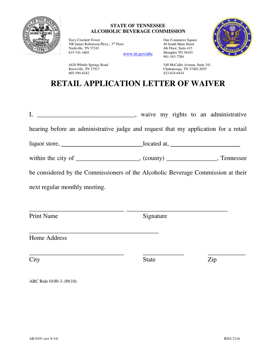Form AB-0101 Retail Application Letter of Waiver - Tennessee, Page 1