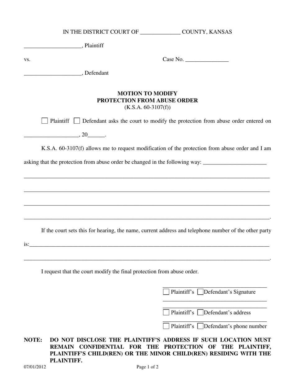Motion to Modify Protection From Abuse Order - Kansas, Page 1