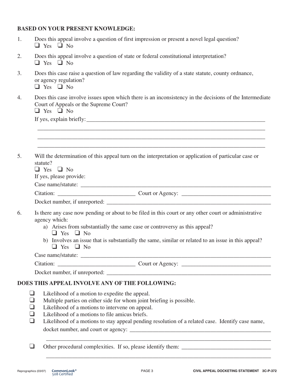 Form 3C-P-372 Civil Appeal Docketing Statement (For Use by the Appellate Conference Program) - Hawaii, Page 3