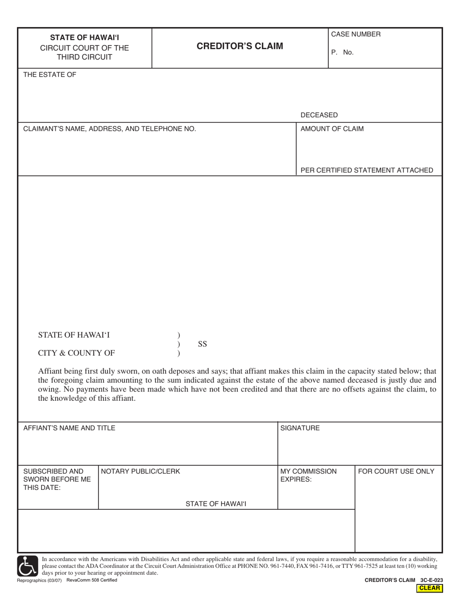 Form 3C-E-023 Creditors Claim - Hawaii, Page 1
