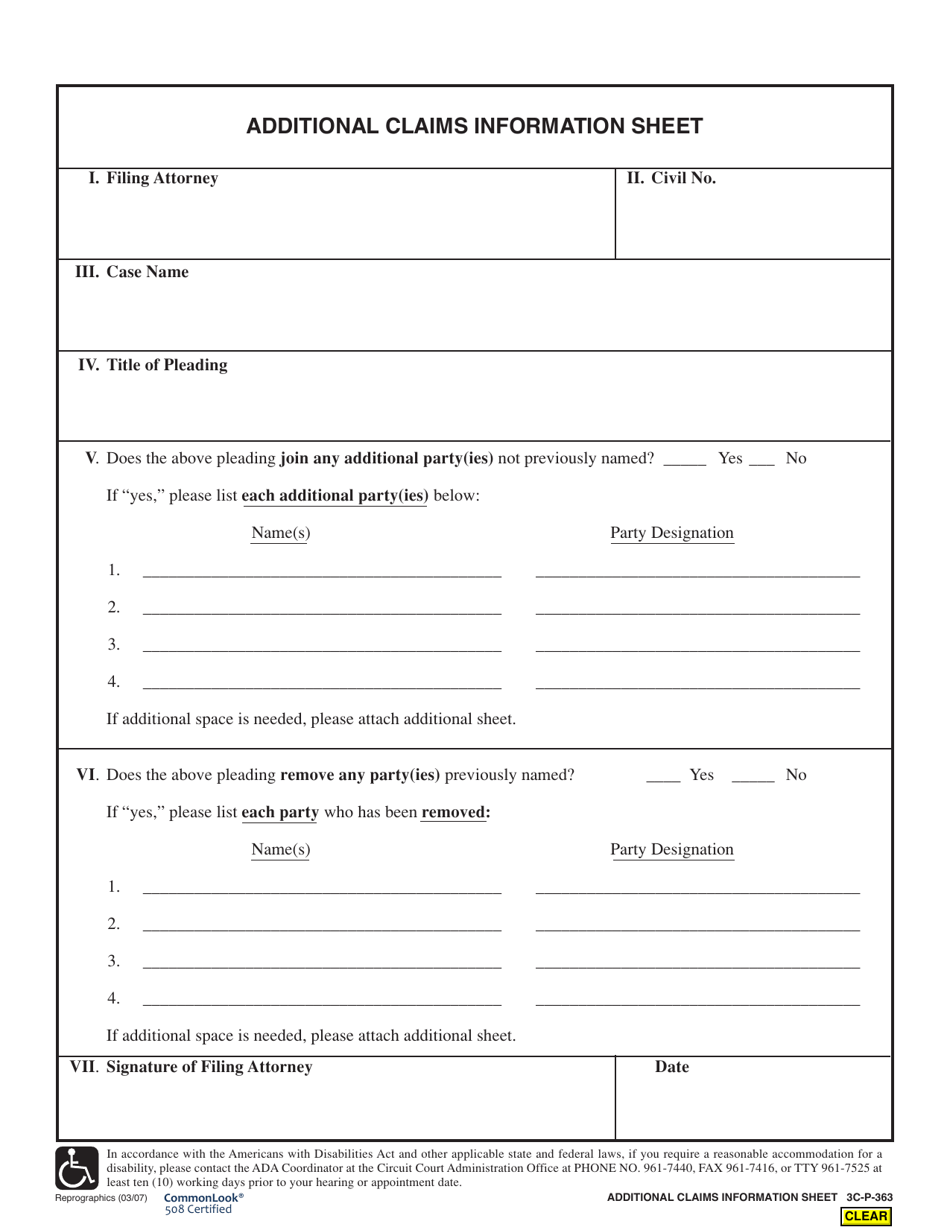 Form 3C-P-363 Additional Claims Information Sheet - Hawaii, Page 1