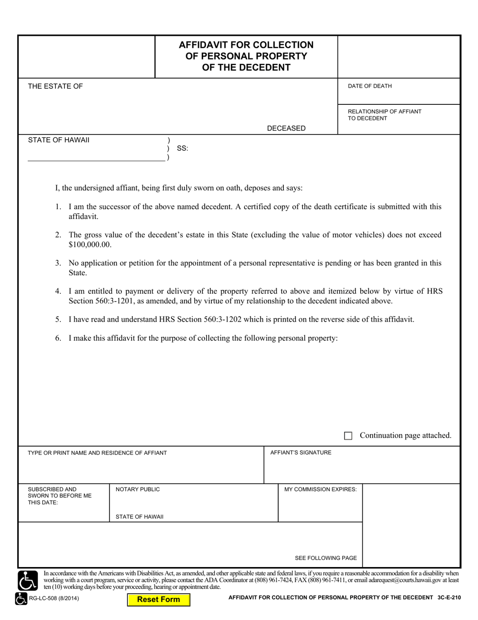 Form 3C-E-210 Affidavit for Collection of Personal Property of the Decedent - Hawaii, Page 1