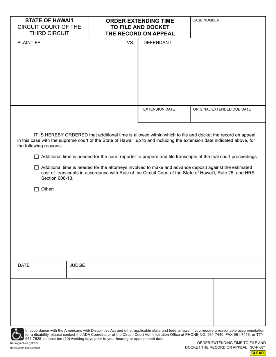 Form 3C-P-371 Order Extending Time to File and Docket the Record on Appeal - Hawaii, Page 1
