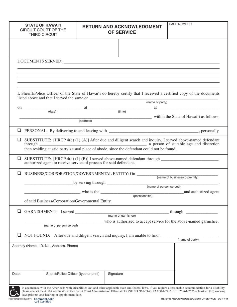 Form 3C-P-144 Return and Acknowledgment of Service - Hawaii, Page 1