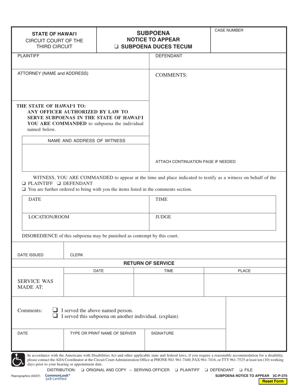 Form 3C-P-370 Subpoena Notice to Appear / Subpoena Duces Tecum - Hawaii, Page 1