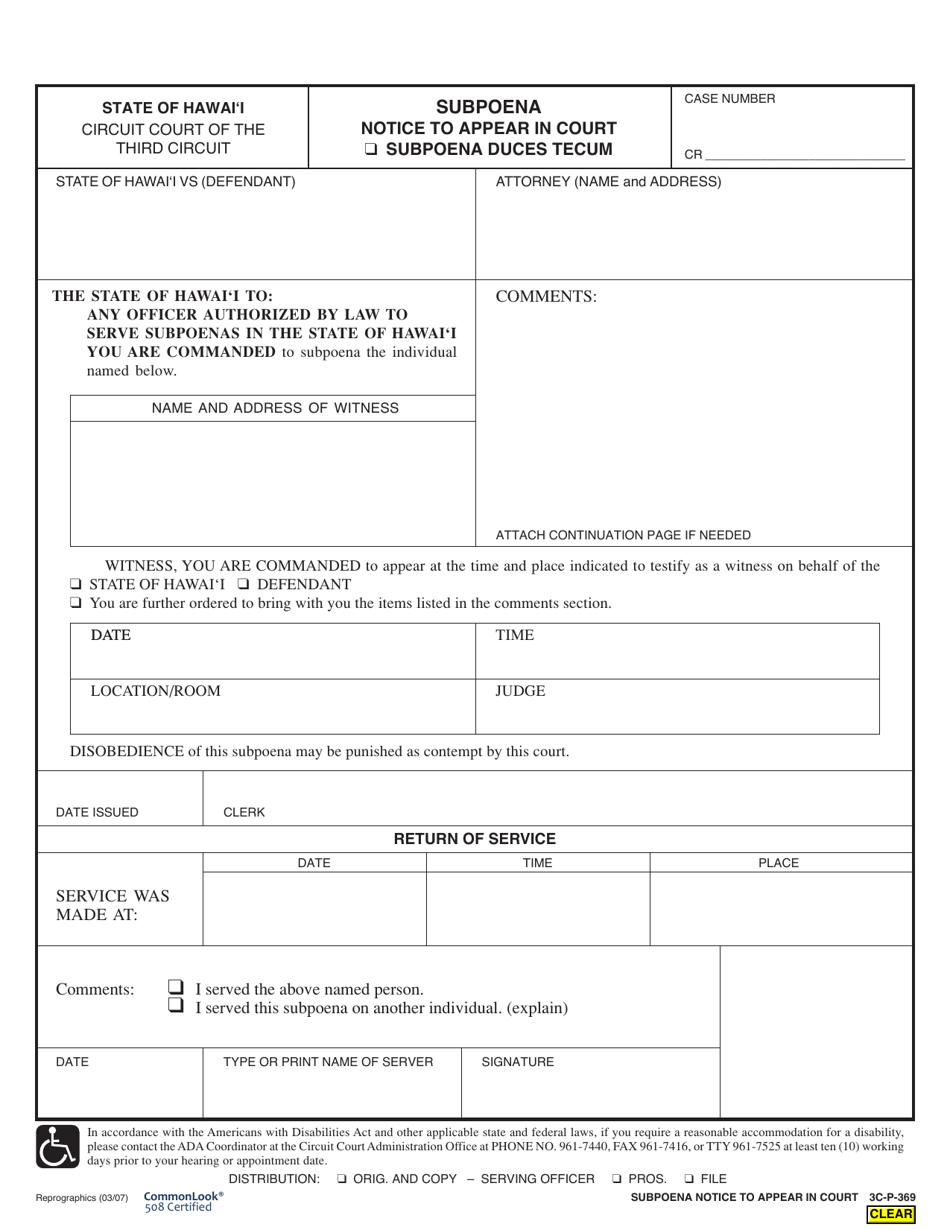 Form 3C-P-369 Subpoena Notice to Appear in Court / Subpoena Duces Tecum - Hawaii, Page 1