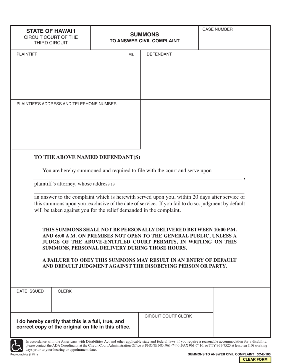 Form 3C-E-163 Summons to Answer Civil Complaint - Hawaii, Page 1