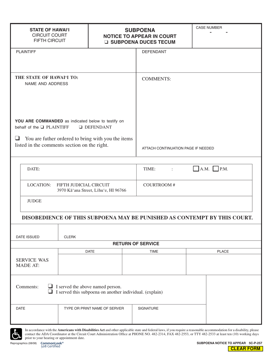 Form 5C-P-257 Subpoena Notice to Appear in Court/Subpoena Duces Tecum - Hawaii, Page 1