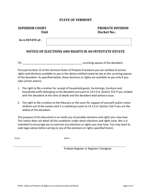 Form PE48 Notice of Elections and Rights in an Intestate Estate - Vermont