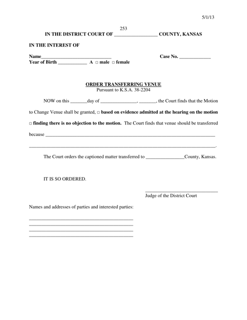 Form 253 Order Transferring Venue - Kansas