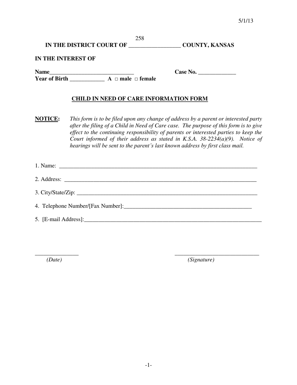 Form 258 Child in Need of Care Information Form - Kansas, Page 1