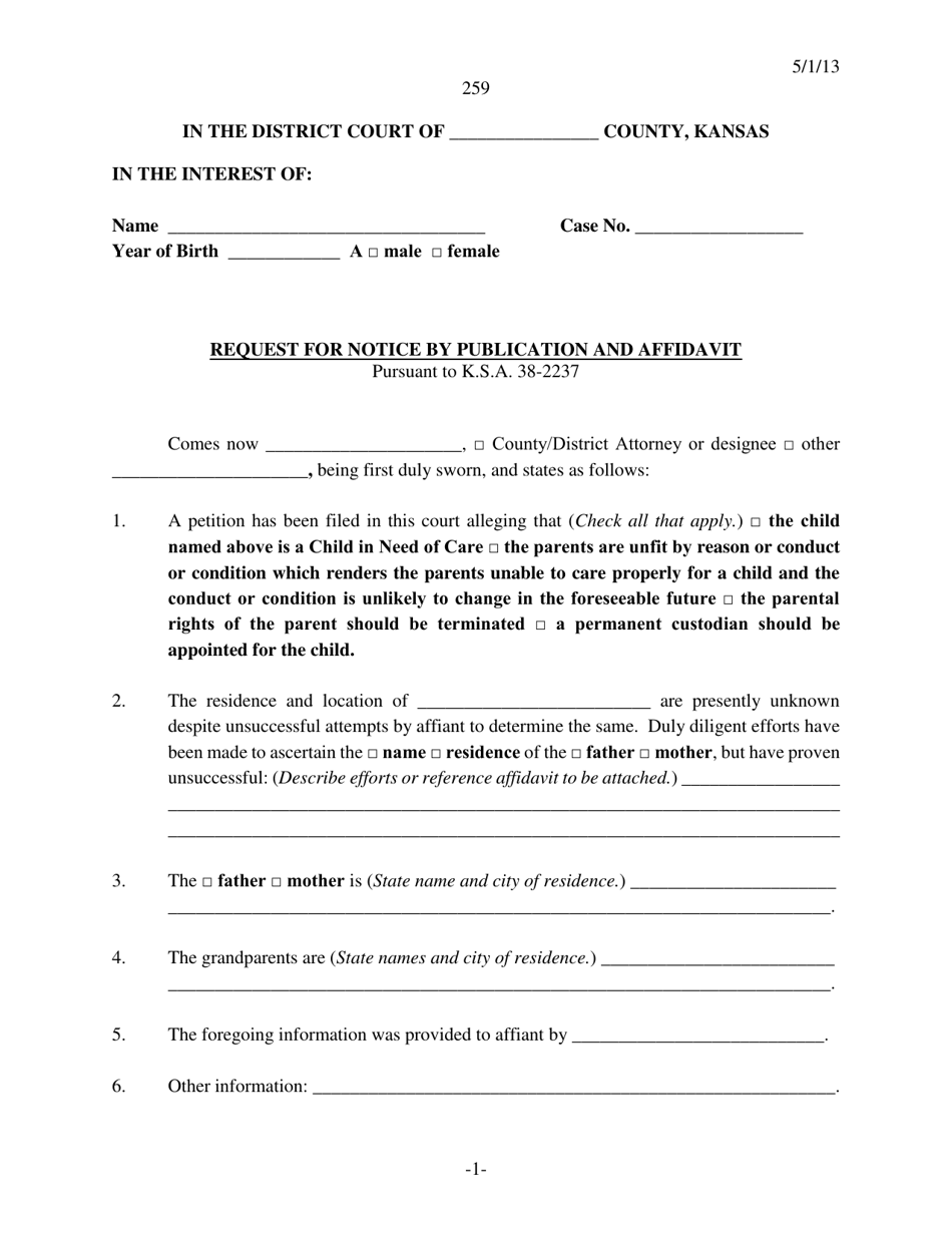 Form 259 Request for Notice by Publication and Affidavit - Kansas, Page 1