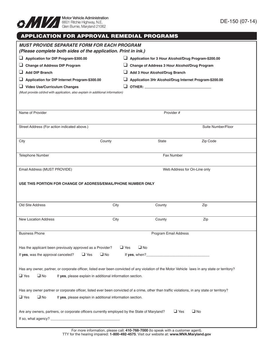 Form DE-150 Application for Approval Remedial Programs - Maryland, Page 1