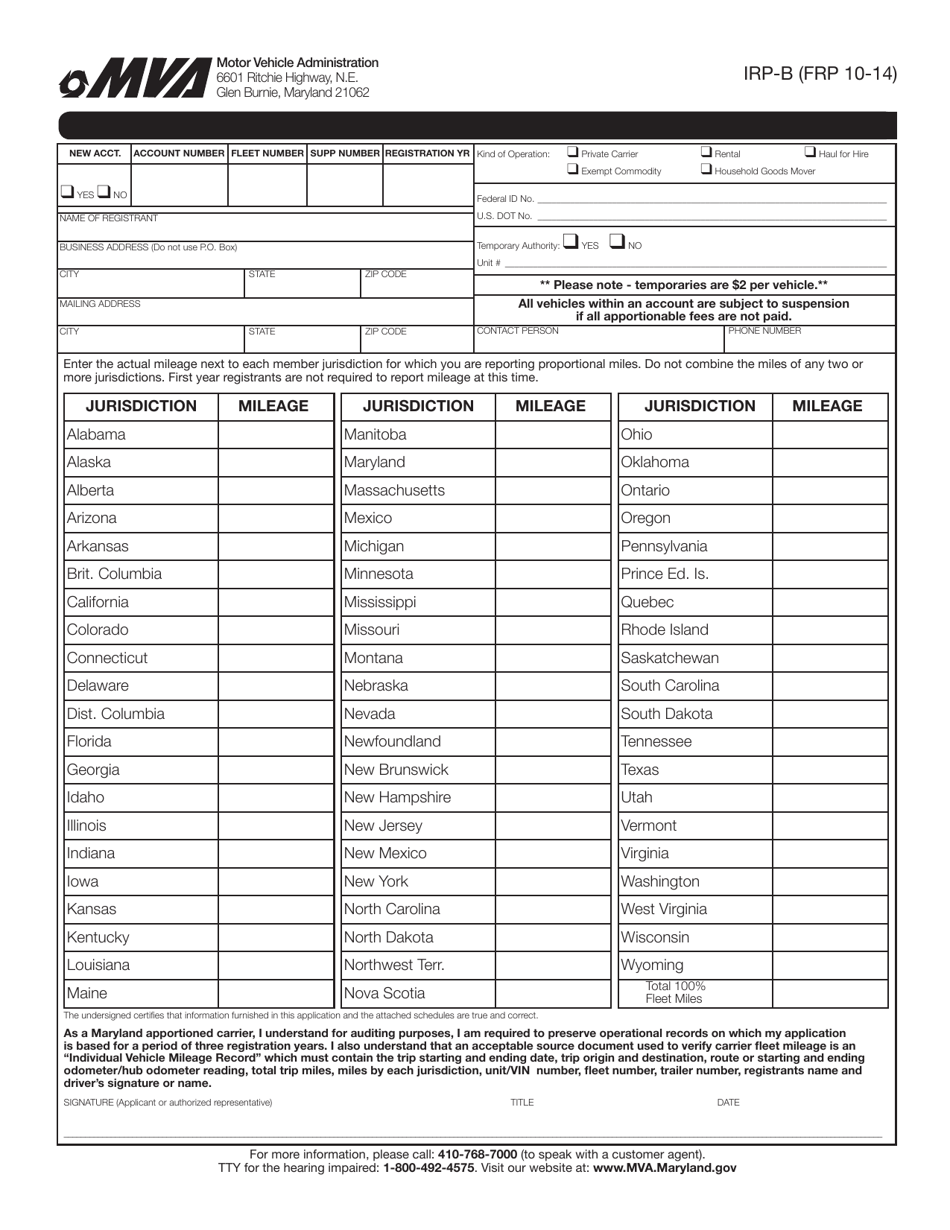 Form IRP-B Schedule B Original Mileage - Maryland, Page 1