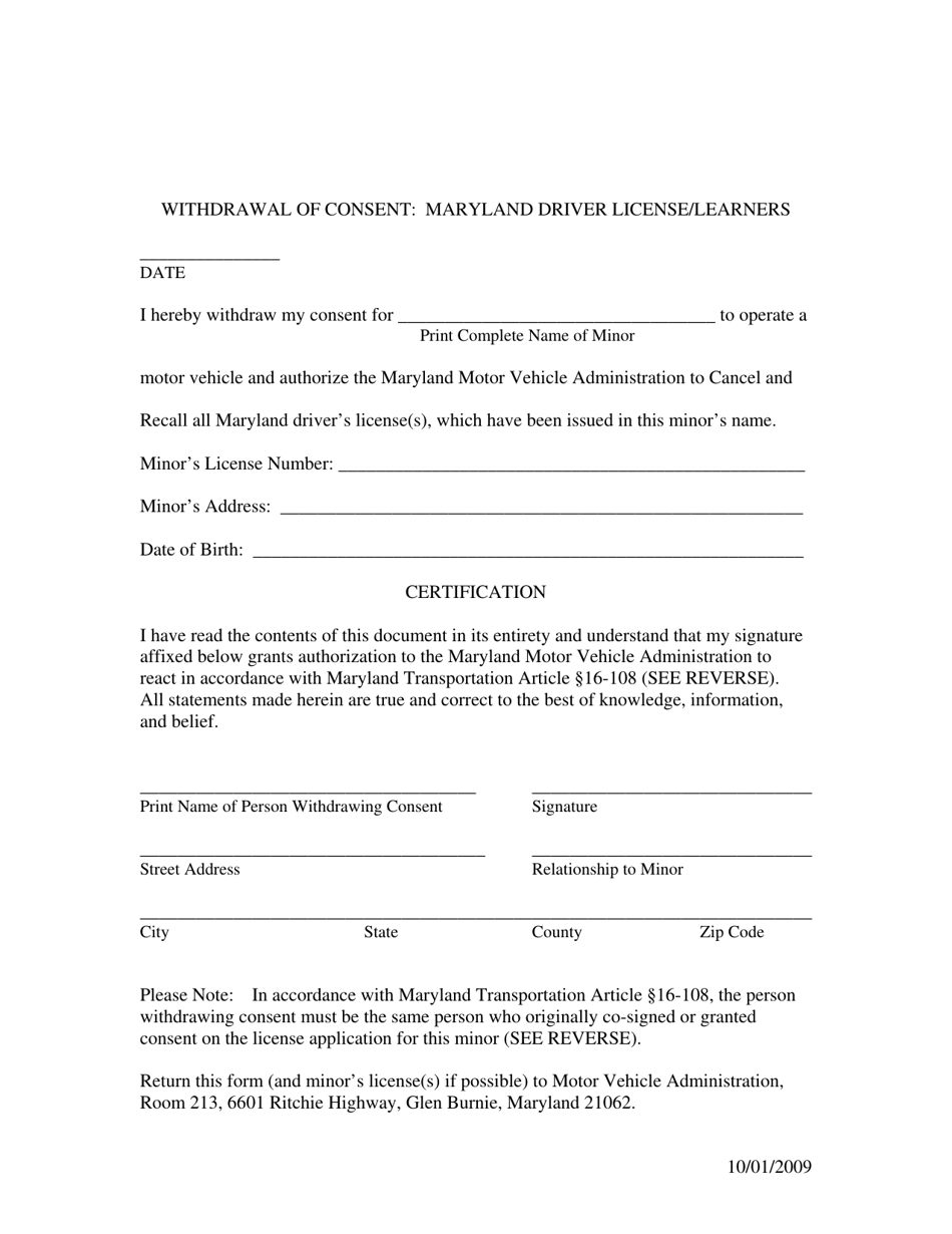 Withdrawal of Consent: Maryland Driver License / Learners - Maryland, Page 1