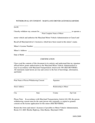 Document preview: Withdrawal of Consent: Maryland Driver License/Learners - Maryland