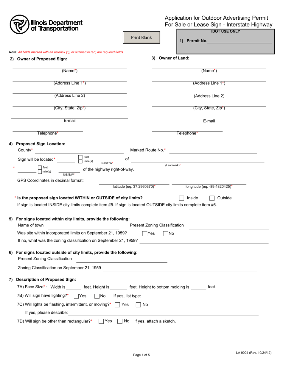 Form LA9004 Download Fillable PDF or Fill Online Application for Outdoor Advertising Permit for