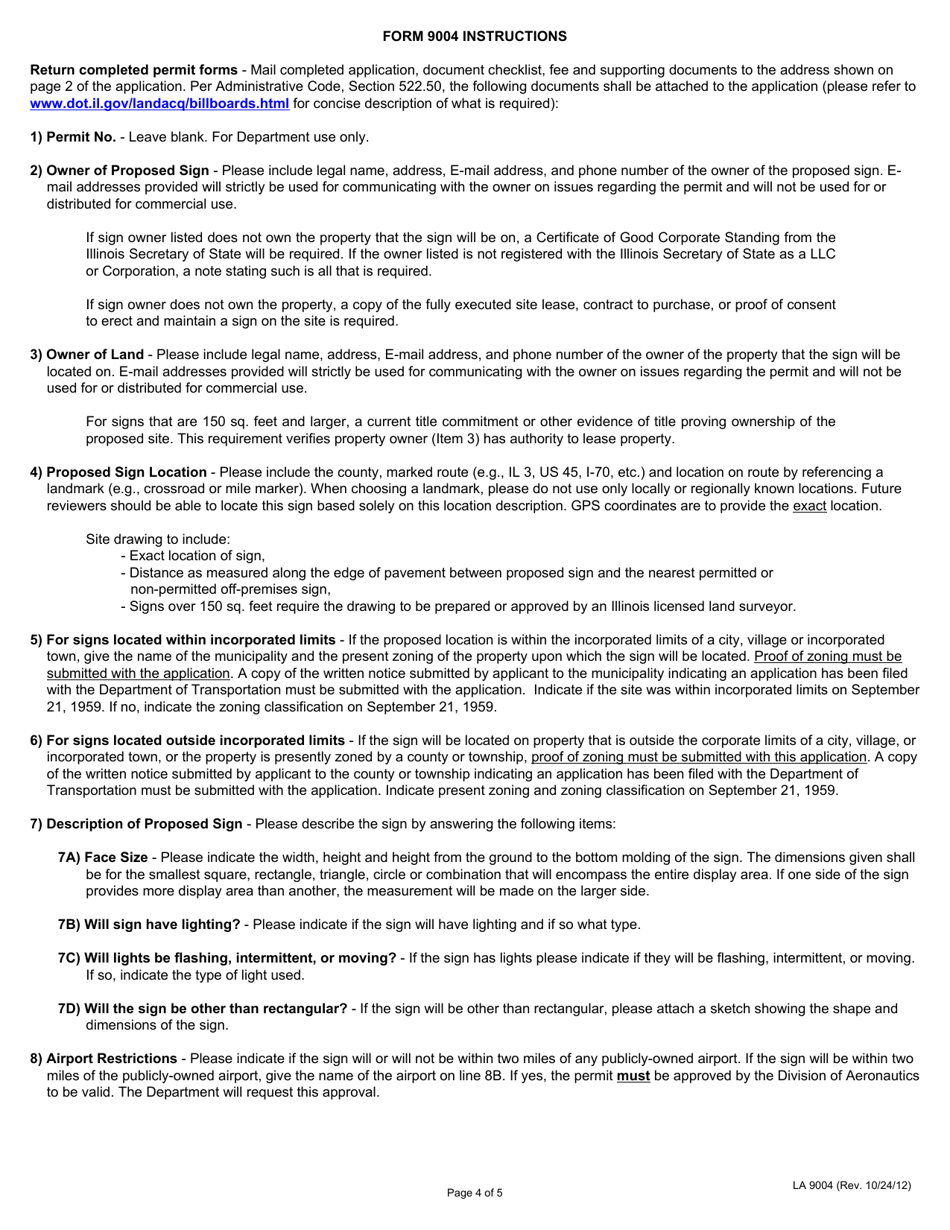 Form LA9004 Application for Outdoor Advertising Permit for Sale or Lease Sign - Interstate Highway - Illinois, Page 4