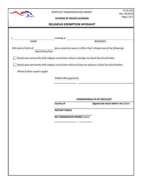 Instructions for Form TC94-161 Religious Exemption Affidavit - Kentucky