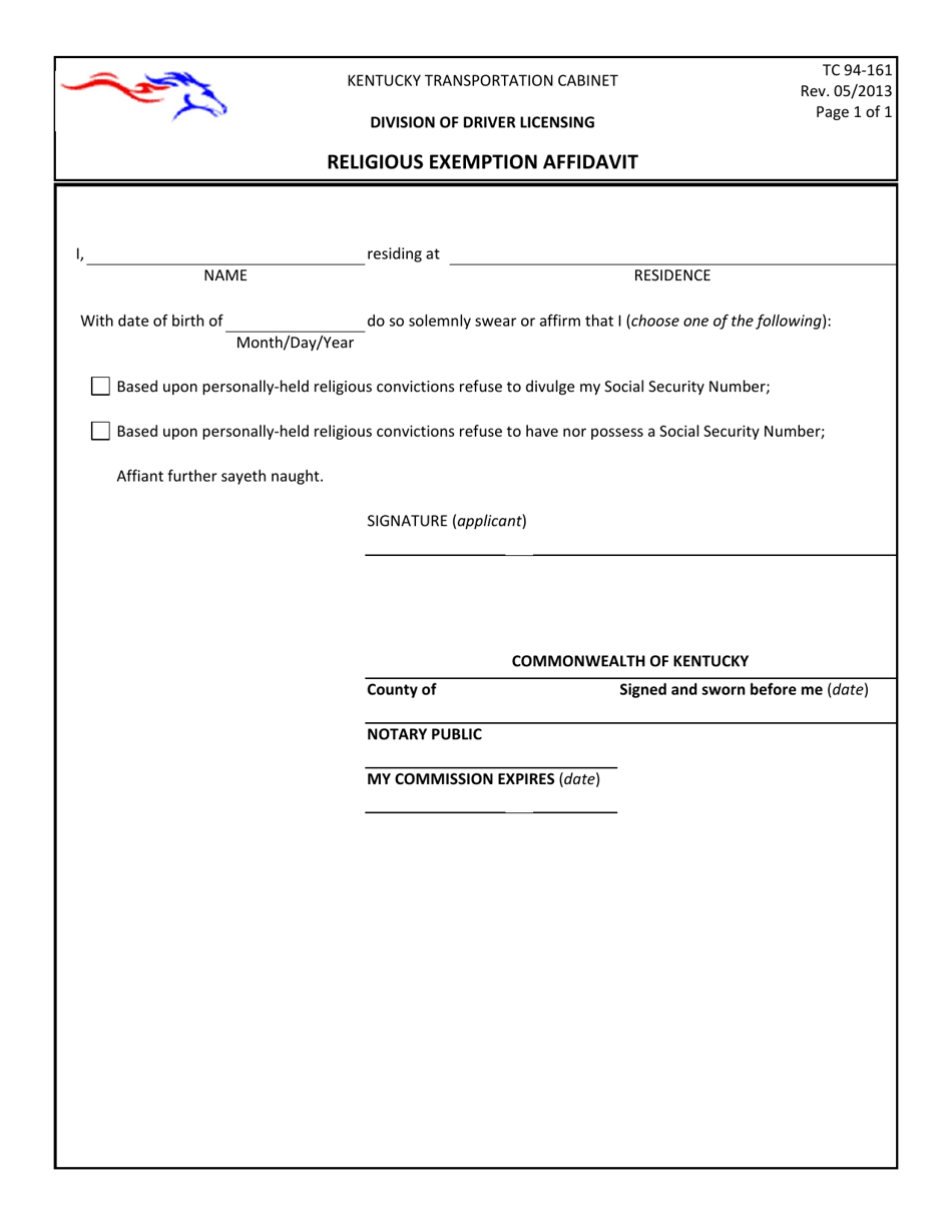Instructions for Form TC94-161 Religious Exemption Affidavit - Kentucky, Page 1