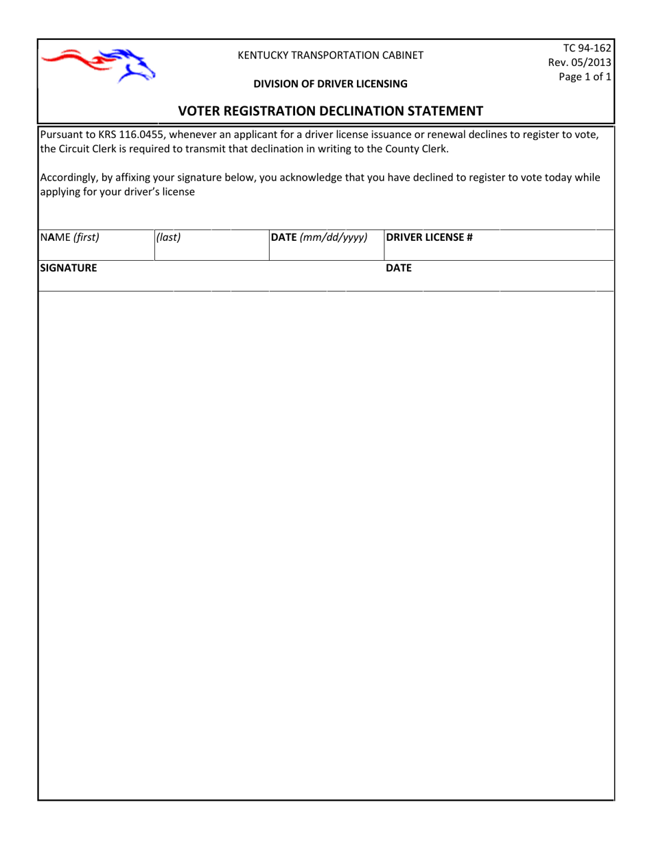 Form TC94-162 Voter Registration Declination Statement - Kentucky, Page 1