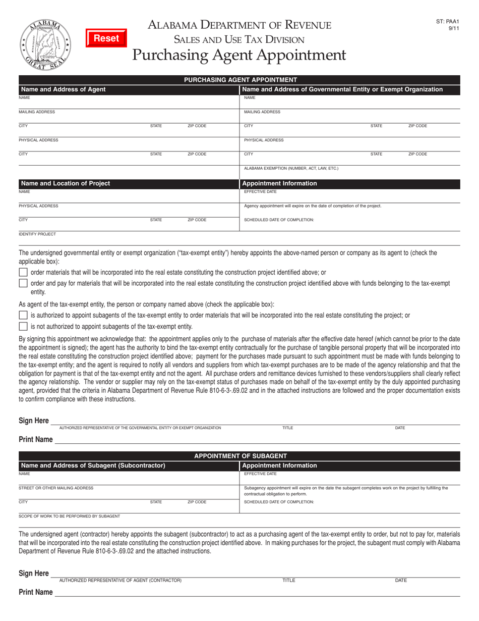 Form ST: PAA1 Purchasing Agent Appointment - Alabama, Page 1