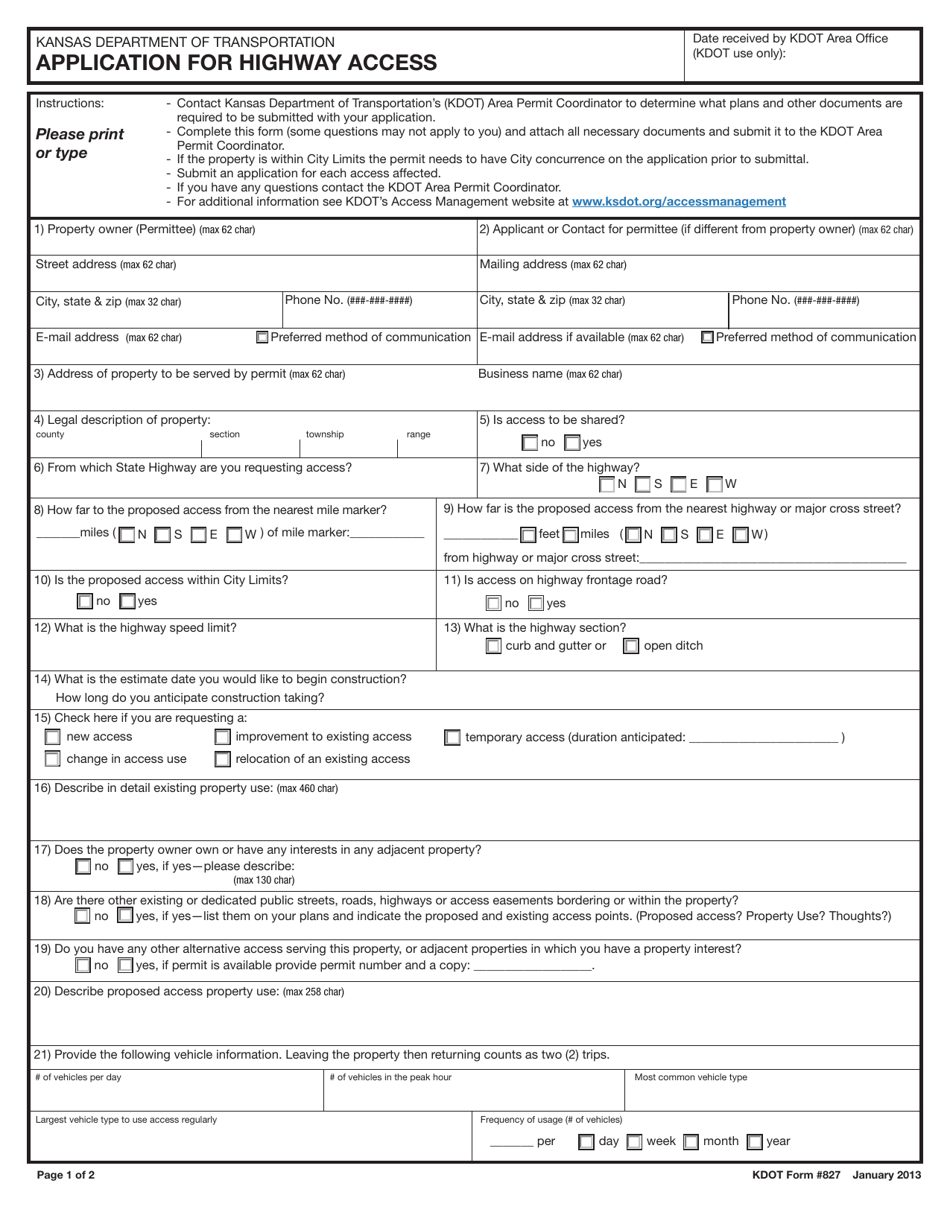 DOT Form 827 Application for Highway Access - Kansas, Page 1