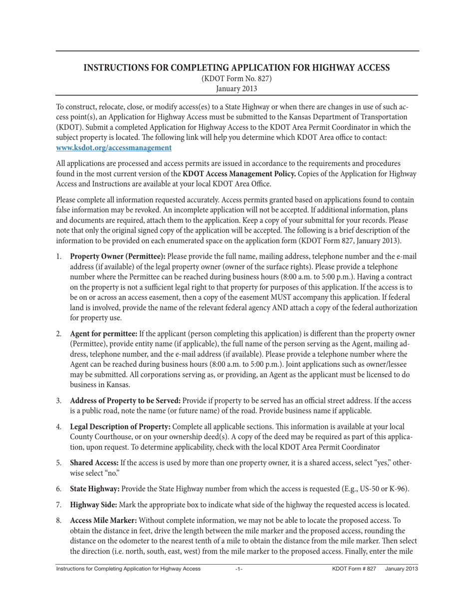 DOT Form 827 Application for Highway Access - Kansas, Page 3