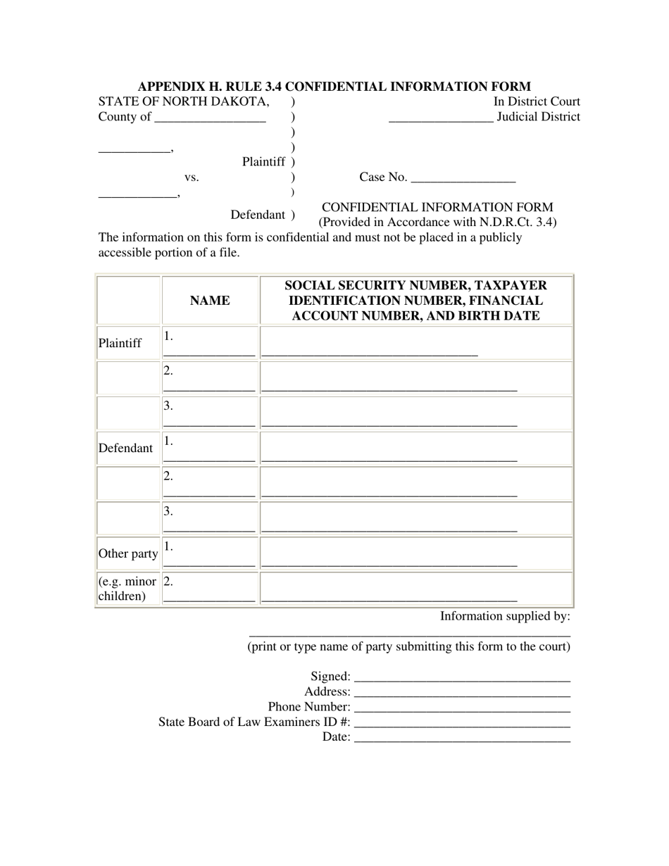 Appendix H Rule 3.4 Confidential Information Form - North Dakota, Page 1