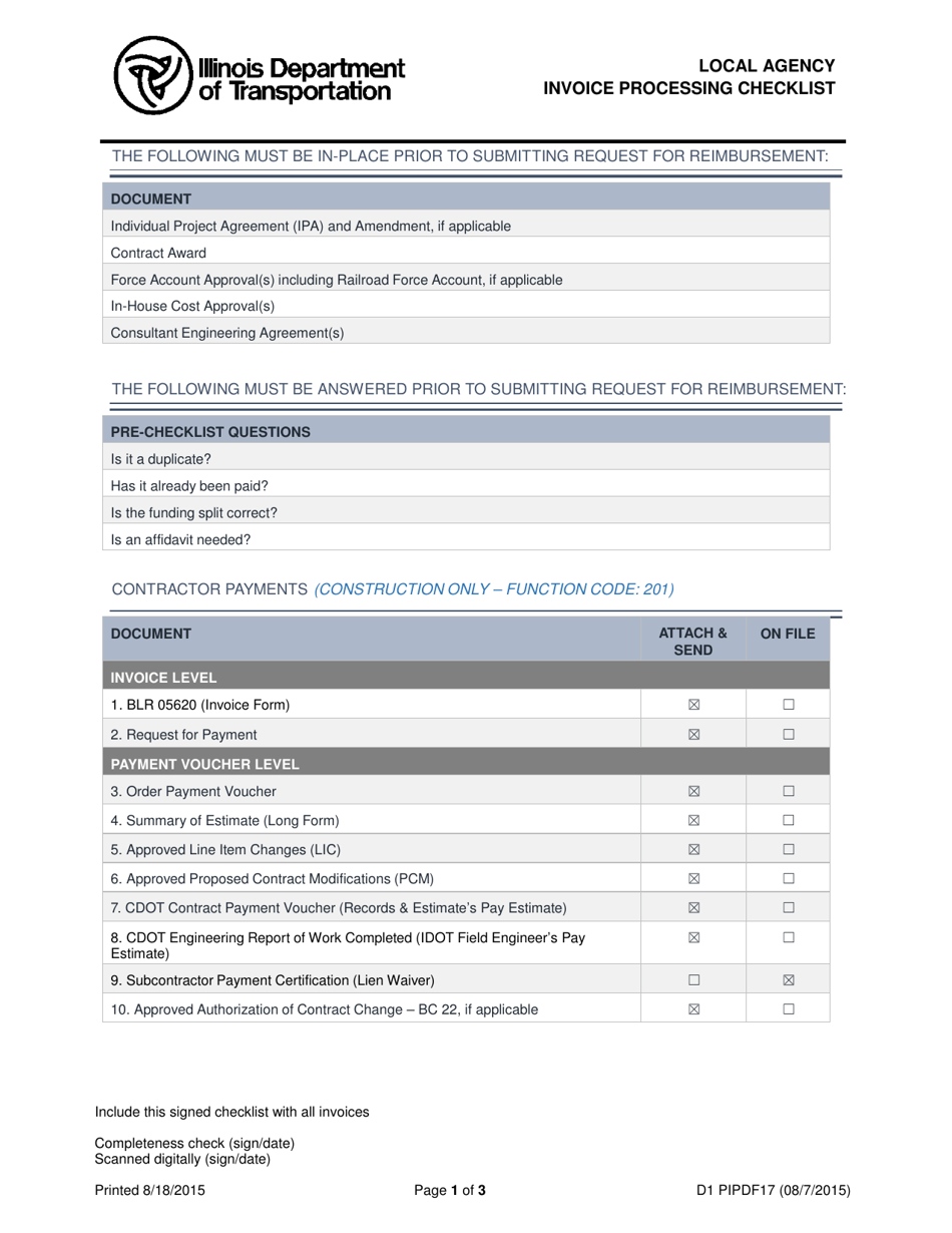 Form D1 PIPDF20 Local Agency Invoice Processing Checklist - Illinois, Page 1
