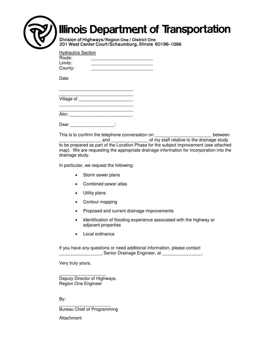 Form D1 PDT007 Request From Local Drainage Information Letter - Illinois, Page 1