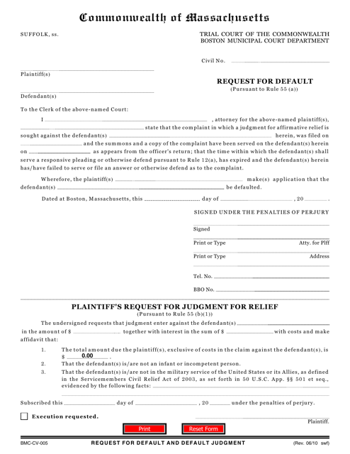 Form BMC-CV-005 Request for Default - Boston, Massachusetts