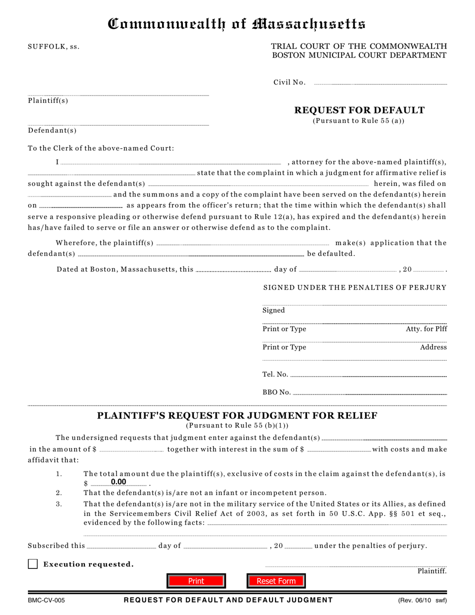 Form BMC-CV-005 Request for Default - Boston, Massachusetts, Page 1