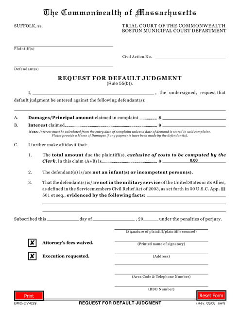 Form BMC-CV-029 Request for Default Judgement - Boston, Massachusetts
