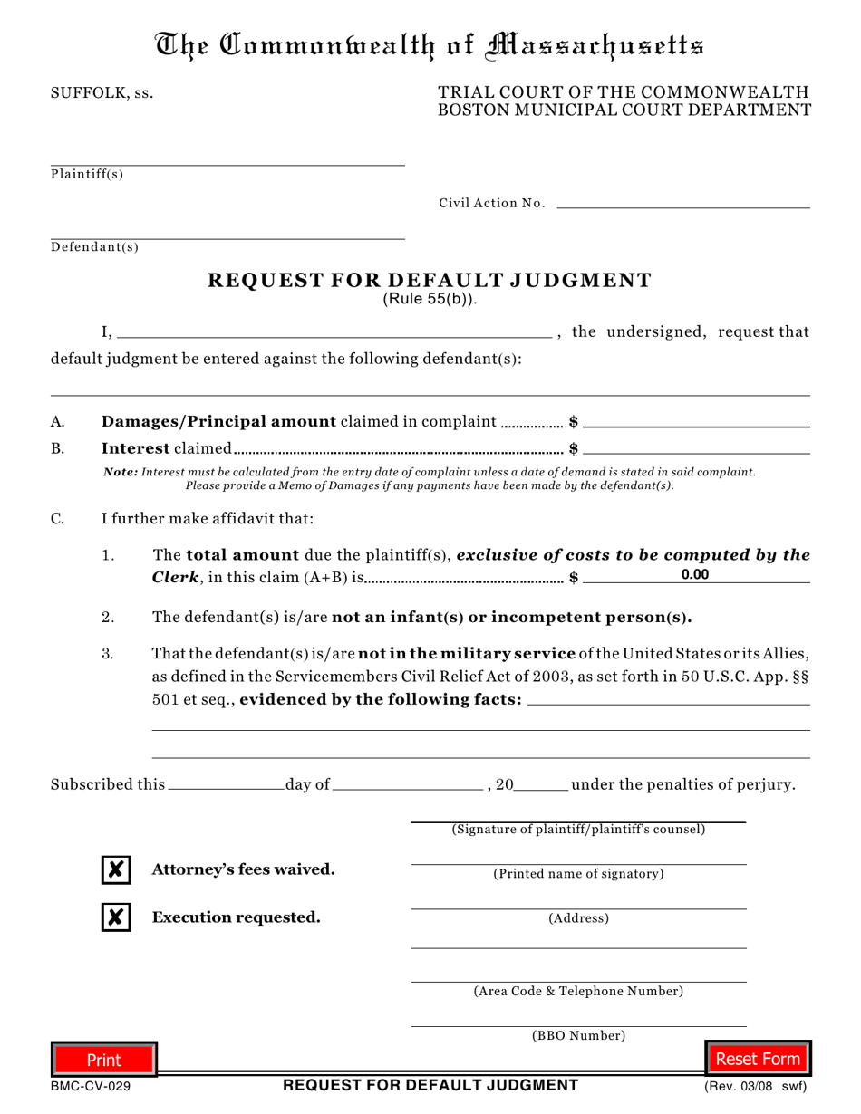 Form BMC-CV-029 Request for Default Judgement - Boston, Massachusetts, Page 1